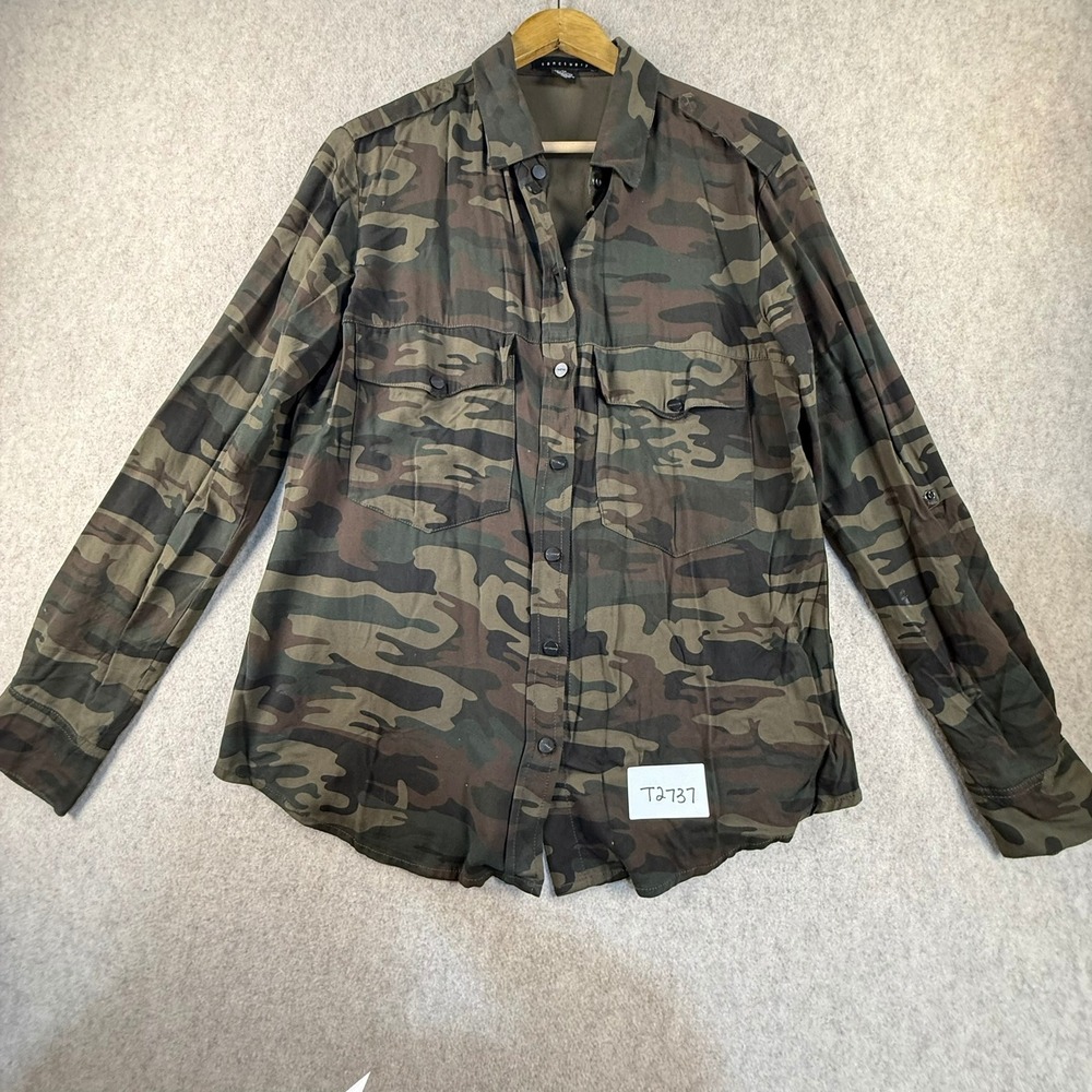 Sanctuary Womens Camo Button Down Shirt Military Green Brown Long Sleeve Size M